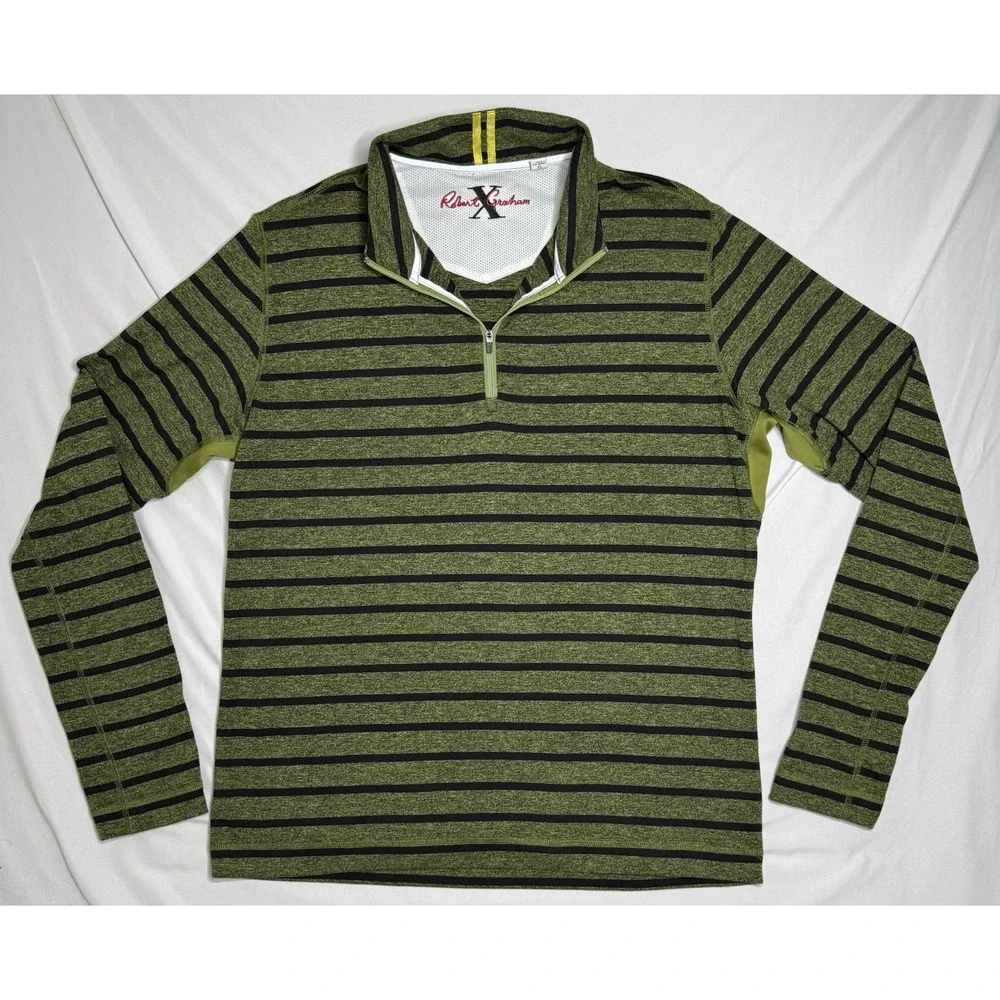 Robert Graham Long Sleeve Quarter Zip Pullover Green‎ Striped Mens Large Stretch